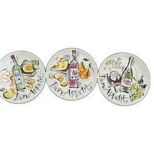 3 Bon Appetit Plates 6.5" Round Wine Cheese Serving Dishes Kitchen Dining Decor